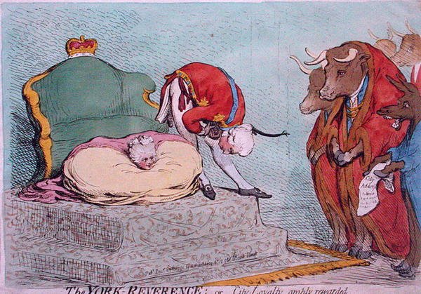 The York Reverence tai City Loyalty, runsaasti palkittu, julkaissut Hannah Humphrey vuonna 1791 (käsinvärinen etsaus) tekijältä James Gillray