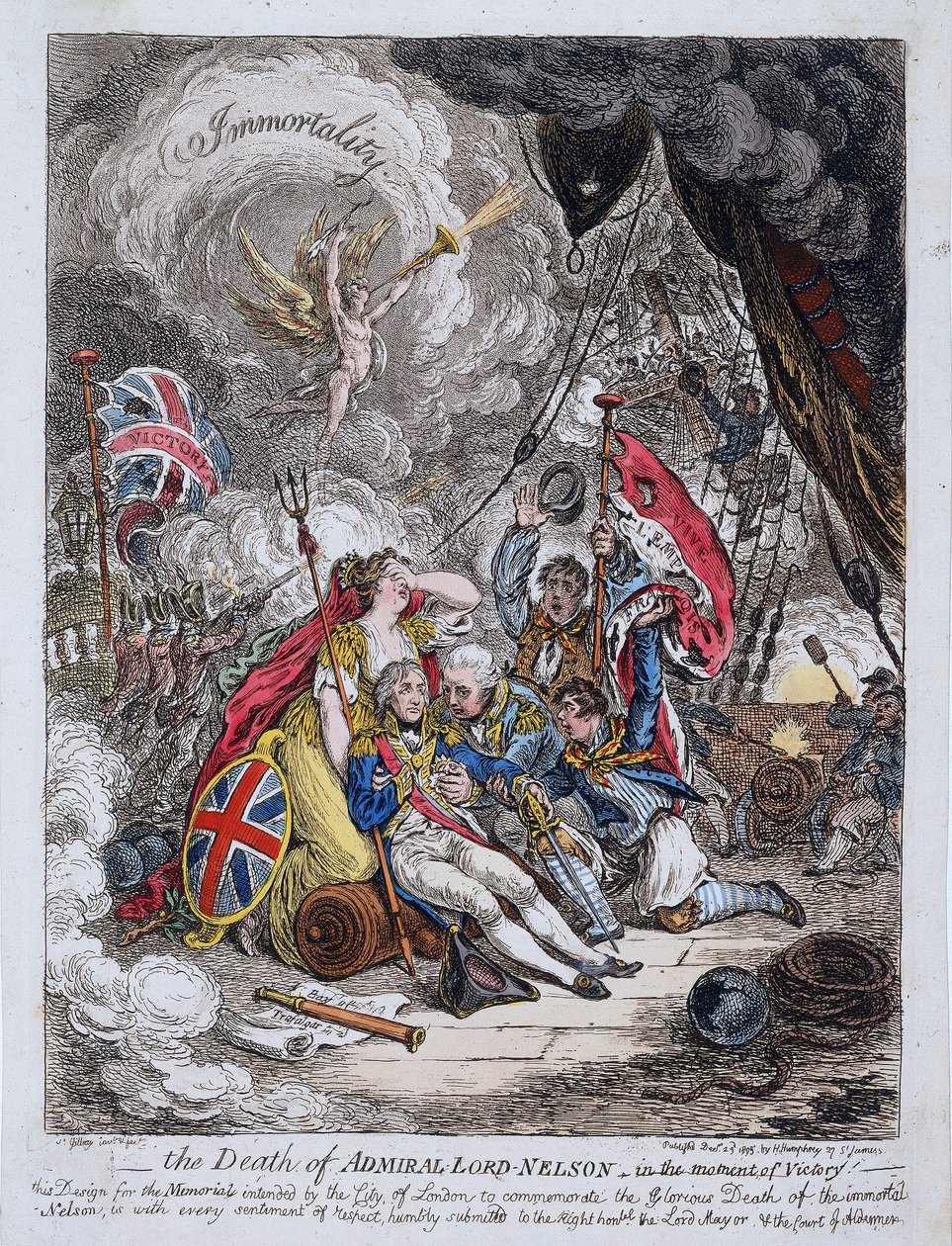 Amiraali Horatio Nelsonin (1758-1805) kuolema voiton hetkellä tekijältä James Gillray
