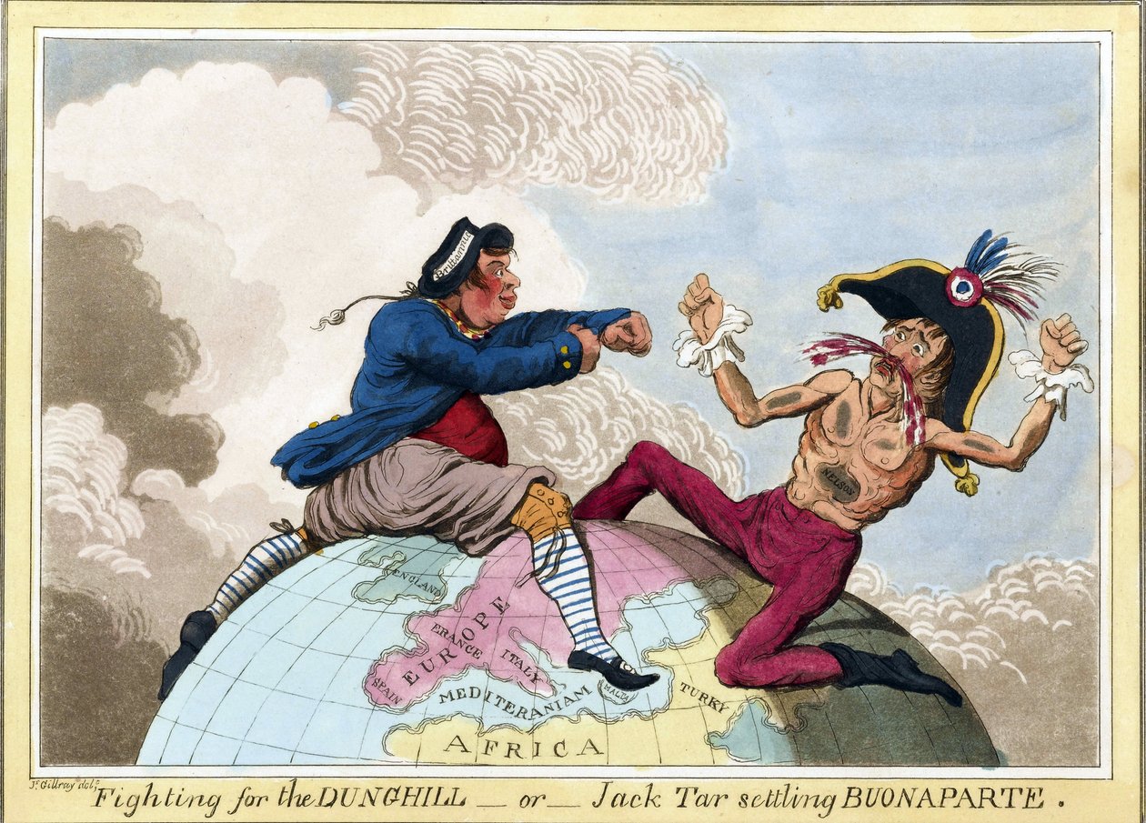 Taistelu Dunghillsin tai Jack Tarin (joka edustaa Britannian laivaston miehiä) puolesta Napoleon Bonapartea vastaan (1769-1821). tekijältä James Gillray