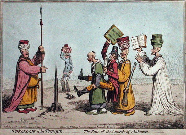 Theologie a la Turque, The Pale of the Church Mahomet, julkaissut Hannah Humphrey vuonna 1799 (käsinvärinen etsaus) tekijältä James Gillray