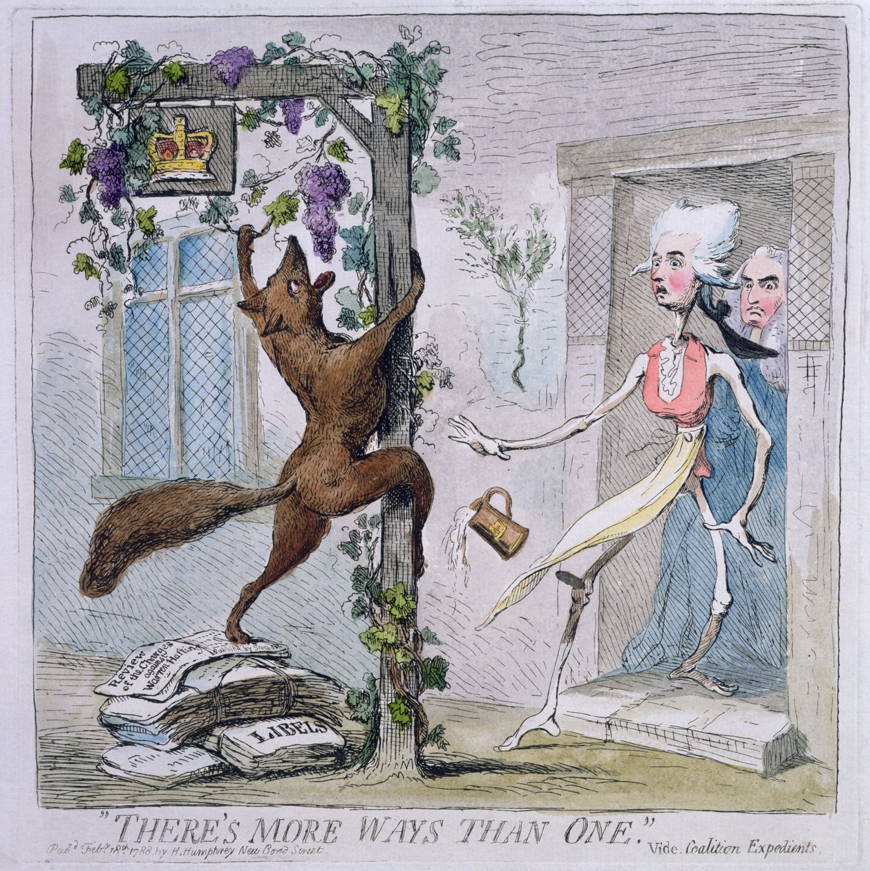 "On enemmän tapoja kuin yksi" tai Coalition Expedients, julkaissut Hannah Humphrey vuonna 1788 (käsinvärinen etsaus) tekijältä James Gillray
