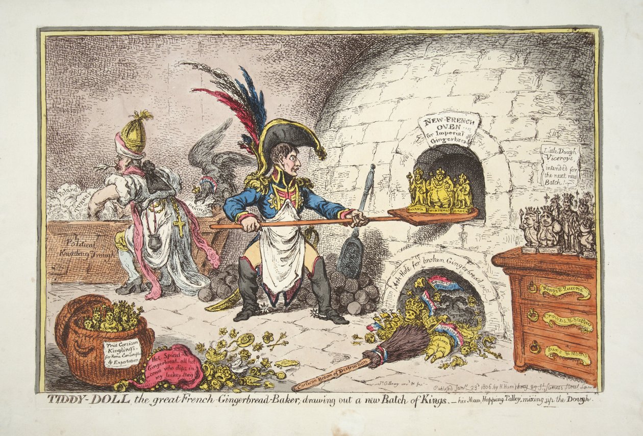 Tiddy-Doll, suuri ranskalainen piparkakkuleipuri, piirtää uuden Kuninkaiden erän. - hänen Man Hopping Talleynsa, sekoittamassa taikinaa, pubi. 1806 (käsinvärinen kaiverrus) tekijältä James Gillray