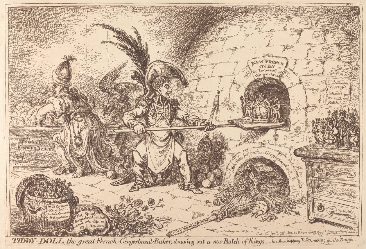 Tiddy-Doll, suuri piparkakkupekari, leipomassa uutta erää kuninkaita tekijältä James Gillray