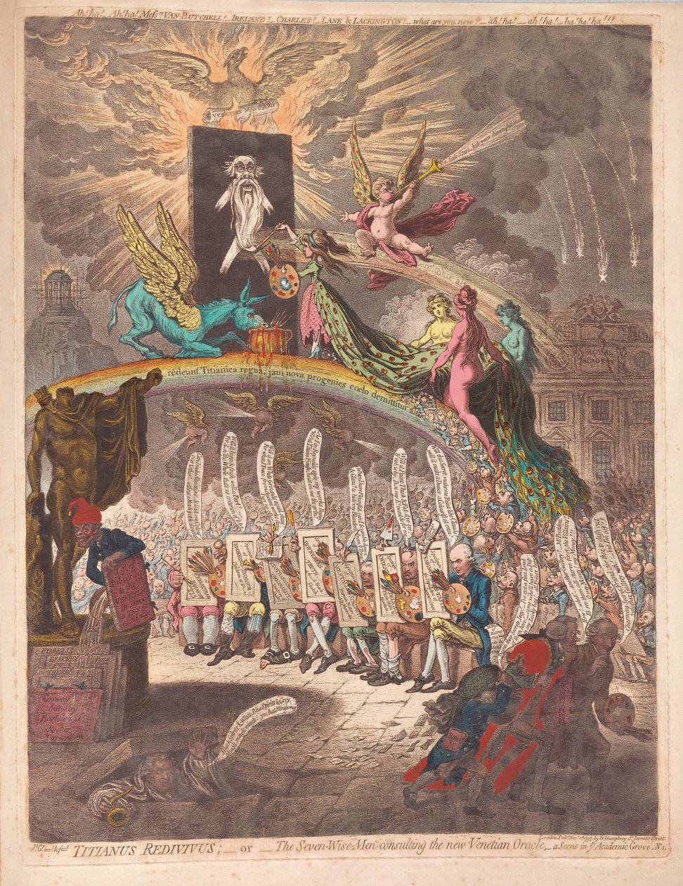 Titianus Redivivus tai Seitsemän viisasta neuvomassa uutta Venetian Oraclea, kohtausta Academic Grove No.1, pubissa. 1797 (käsinvärinen kaiverrus) tekijältä James Gillray