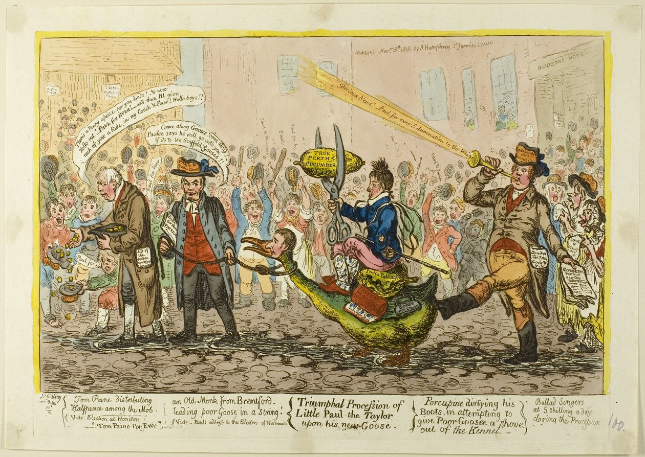 Pikku-Paul-The Taylorin riemukulkue uudella hanhellaan tekijältä James Gillray