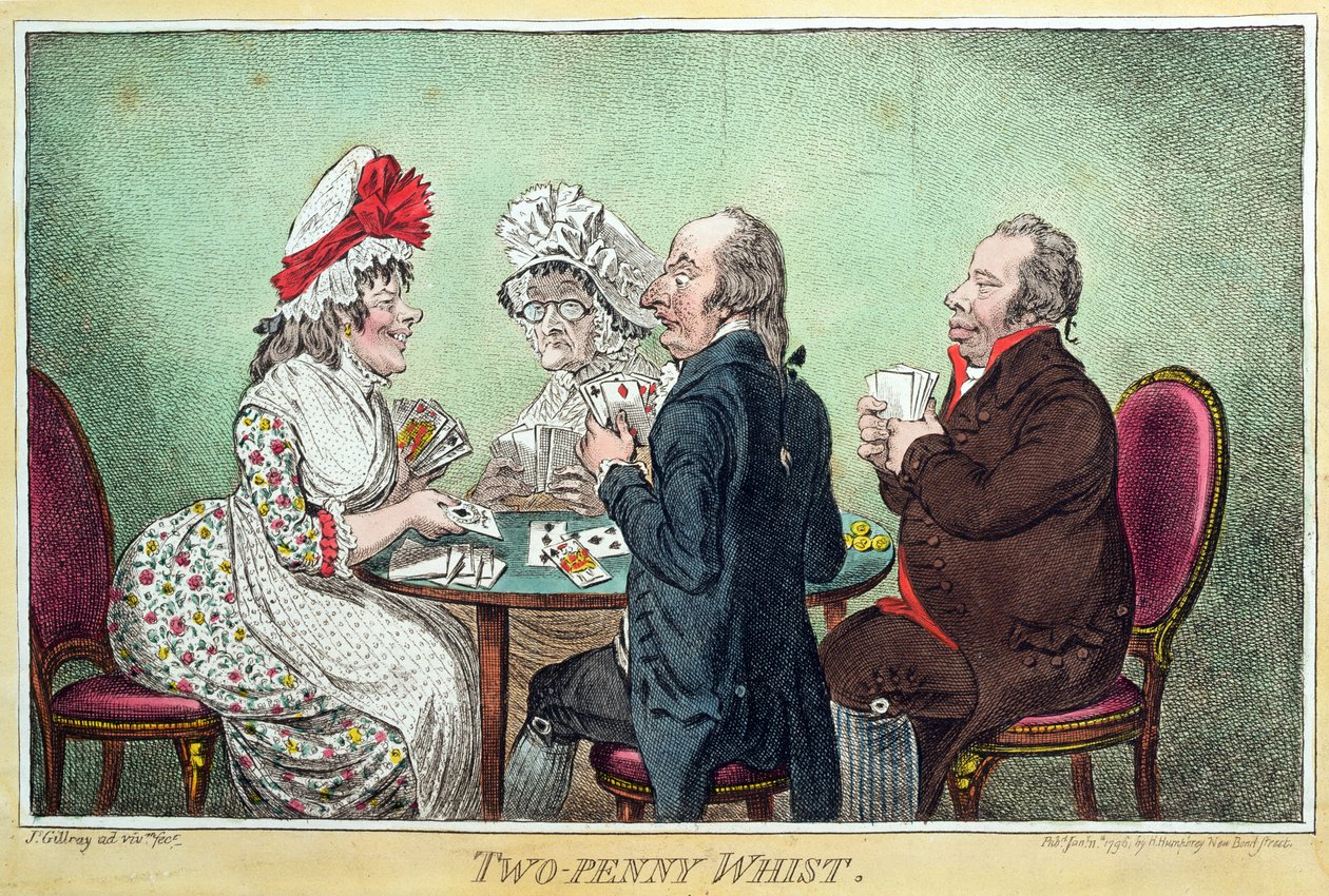 Two-Penny Whist, julkaissut Hannah Humphrey vuonna 1796 (etsaus, kaiverrus, akvatinta ja wc paperilla) tekijältä James Gillray