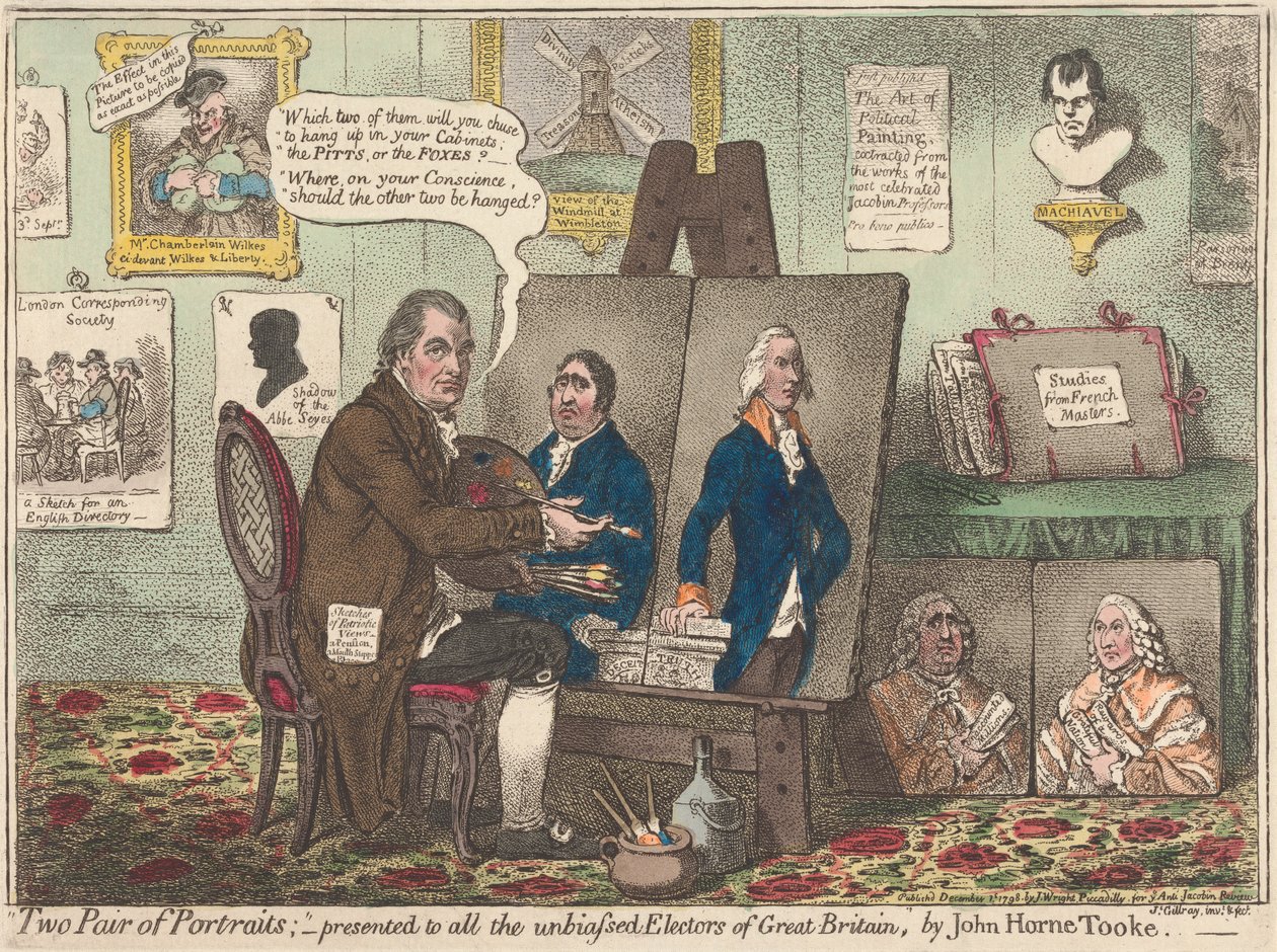 Kaksi muotokuvaparia; John Horne Tooken kaikille Ison-Britannian puolueettomille äänestäjille esittämät tekijältä James Gillray