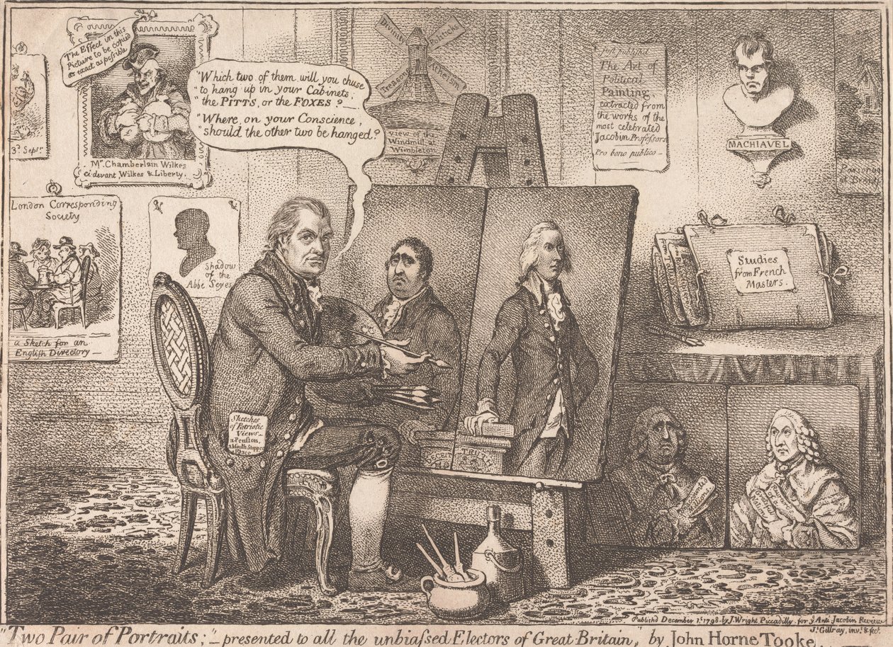 ”Kaksi paria muotokuvia”; omistettu kaikille puolueettomille vaalimiehille Isossa-Britanniassa tekijältä James Gillray