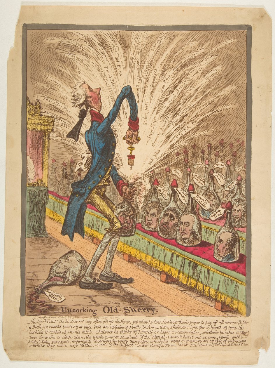 Vanhan sherryn avaaminen, 10. maaliskuuta 1805. tekijältä James Gillray