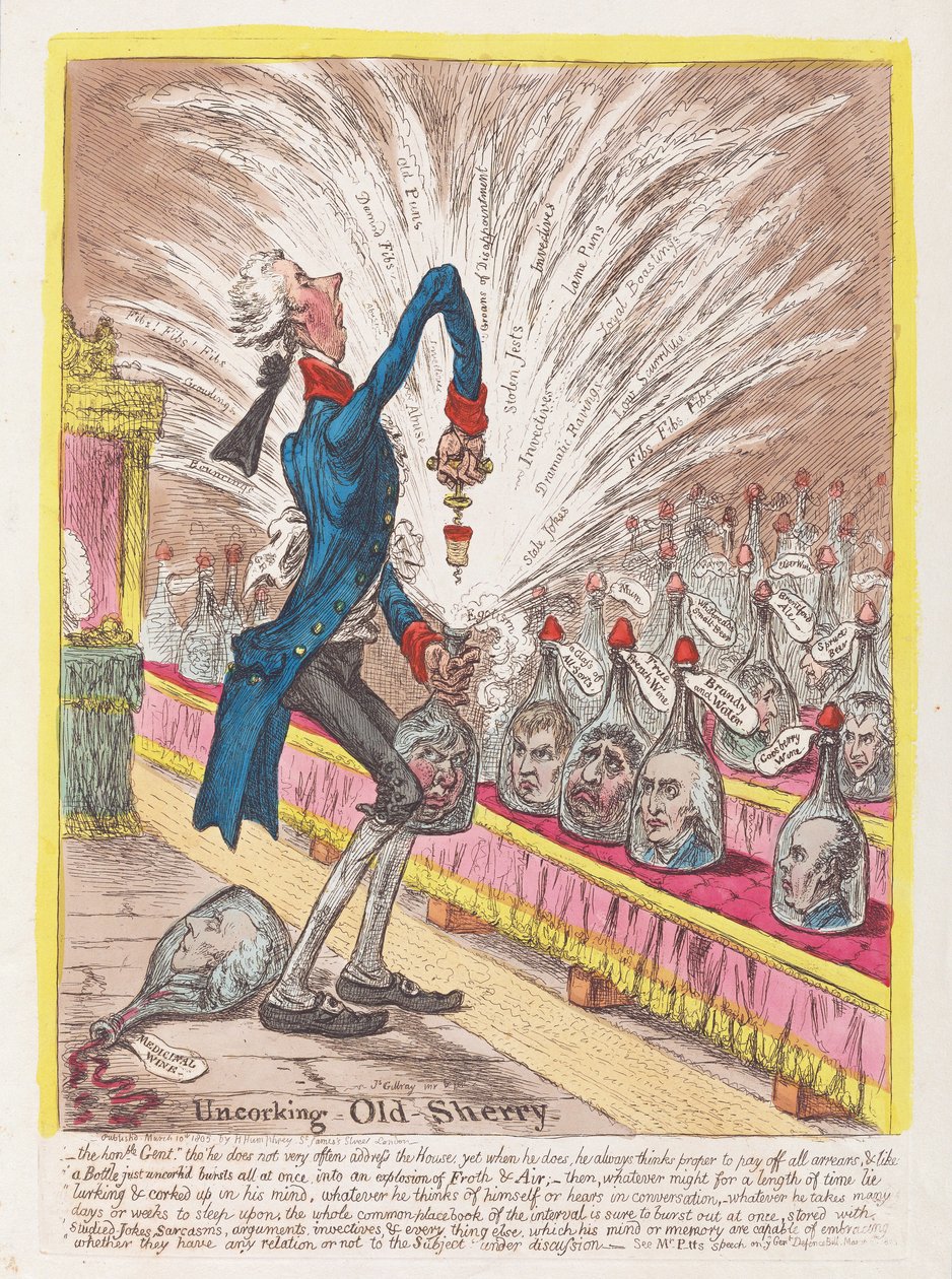 Uncorking Old Sherry, pub. 1805 (käsin väritetty kaiverrus) tekijältä James Gillray