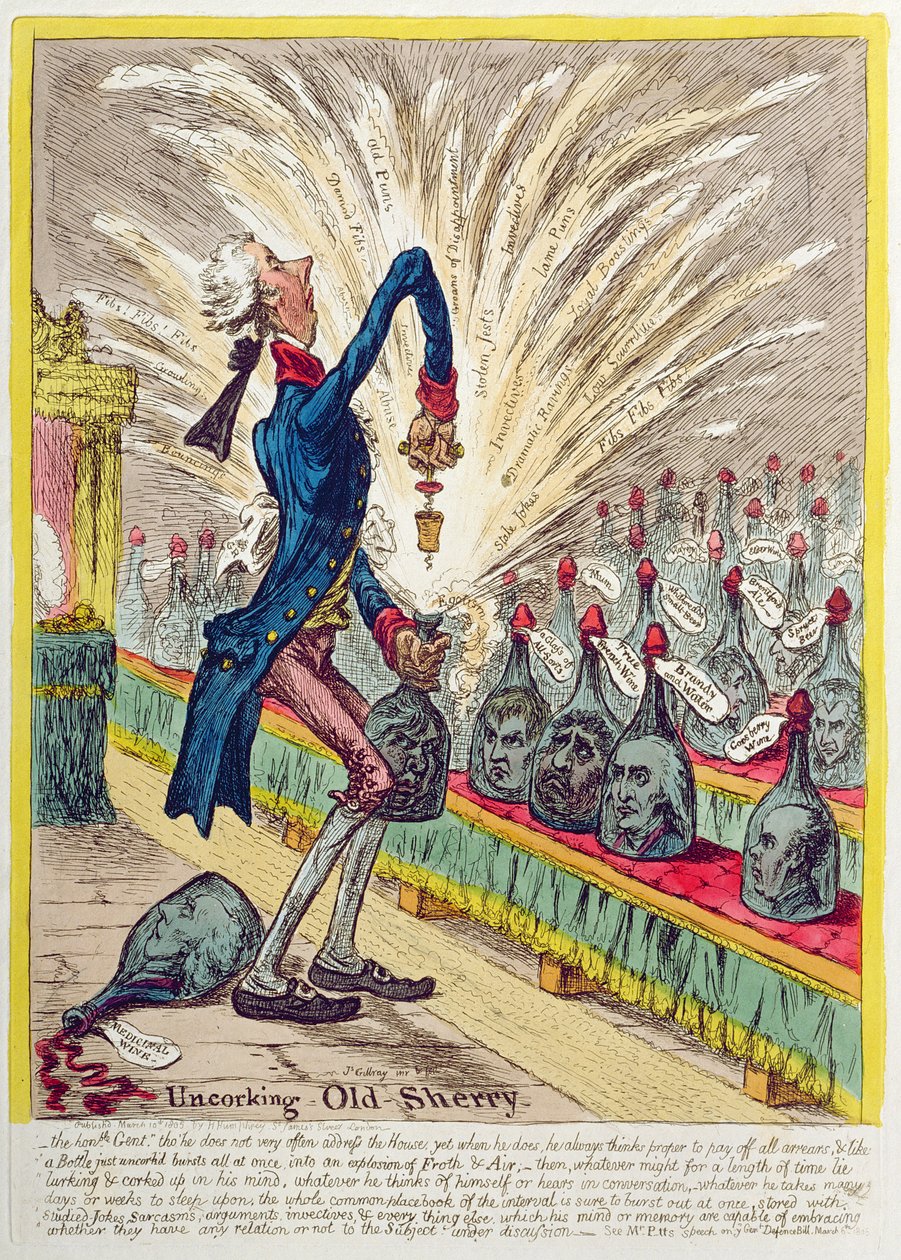 Hannah Humphreyn vuonna 1805 julkaisema "Vanhan sherryn korkin avaaminen" (käsin väritetty etsaus). tekijältä James Gillray