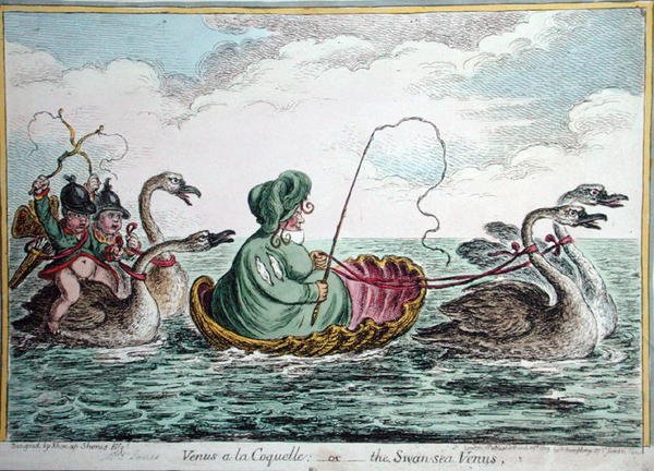 Venus a la Coquelle, tai Joutsenmeren Venus, julkaissut Hannah Humphrey vuonna 1809 (käsinvärinen etsaus) tekijältä James Gillray