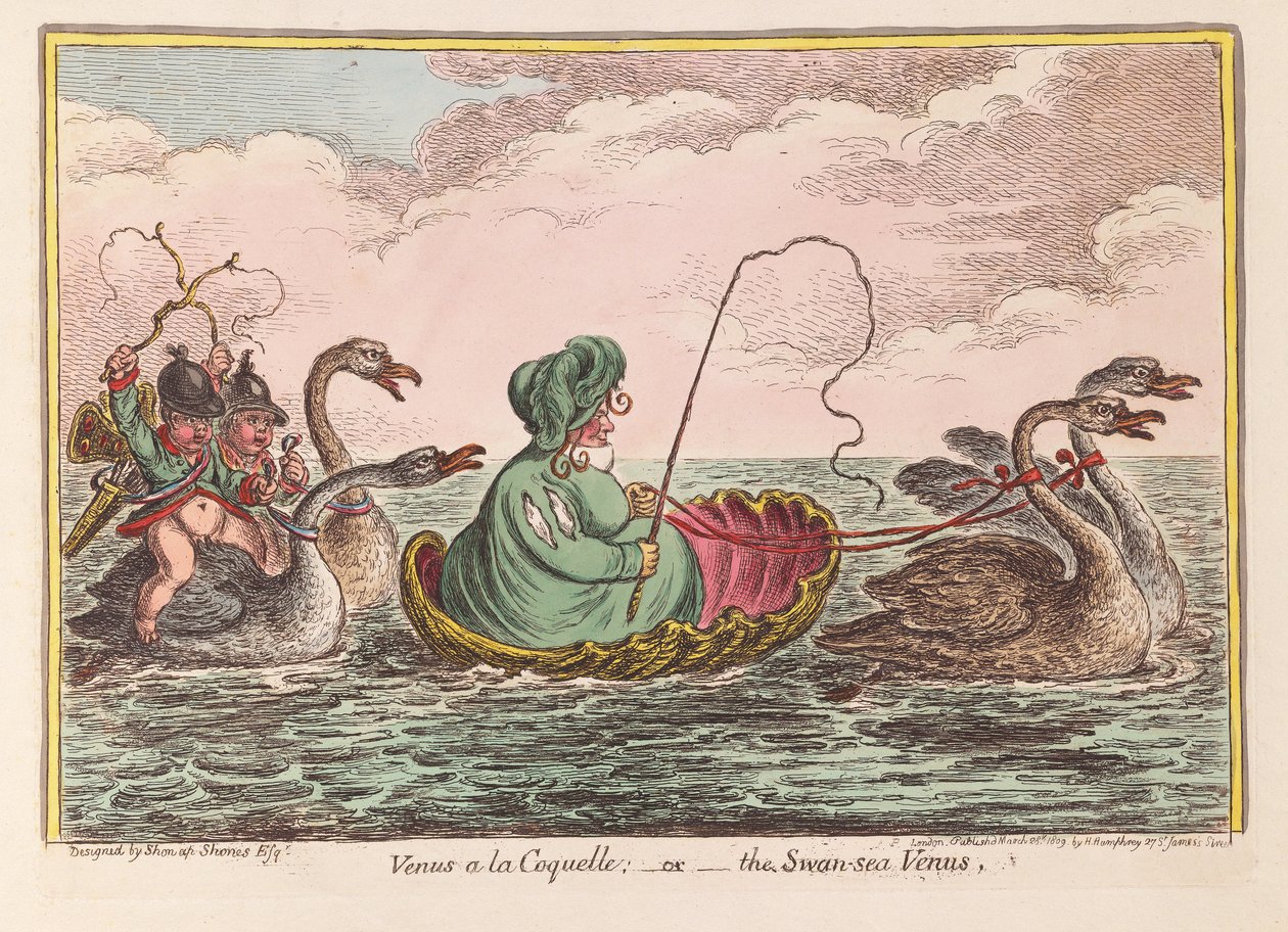 Venus a la Coquelle; tai Joutsenmeren Venus, pubi. 1809 (käsinvärinen kaiverrus) tekijältä James Gillray