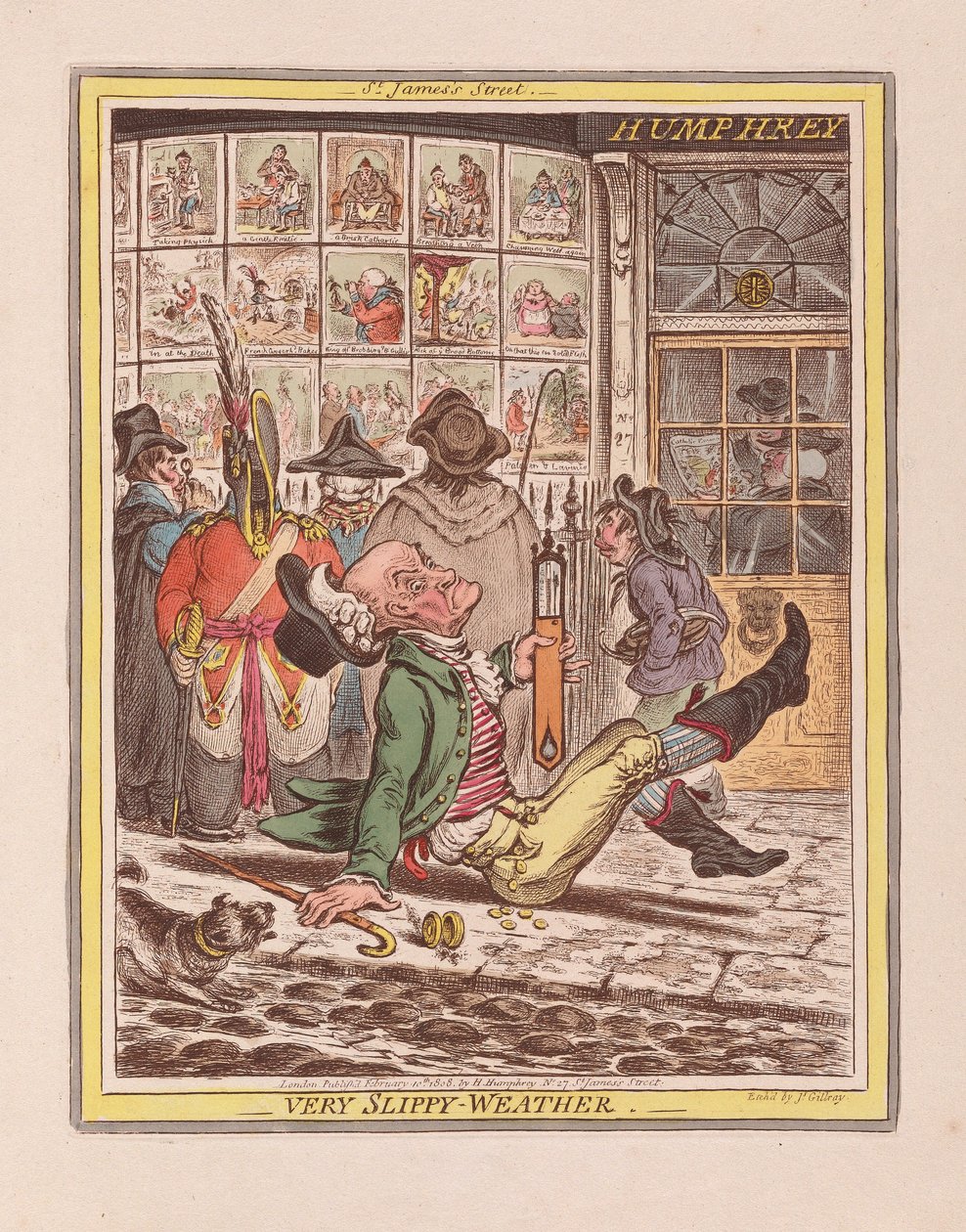 Erittäin liukas sää, pubi. 1808 (käsinvärinen kaiverrus) tekijältä James Gillray