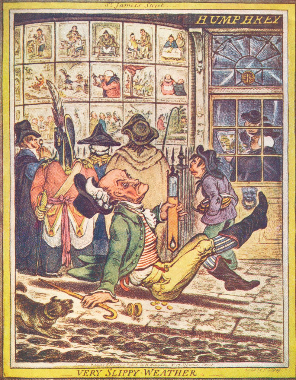 Erittäin liukas sää, 1808 tekijältä James Gillray