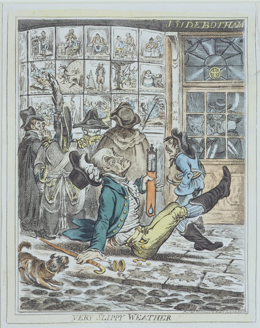 Very Slippy Weather, kaiverrus J. Sidebotham (väri litho) tekijältä James Gillray