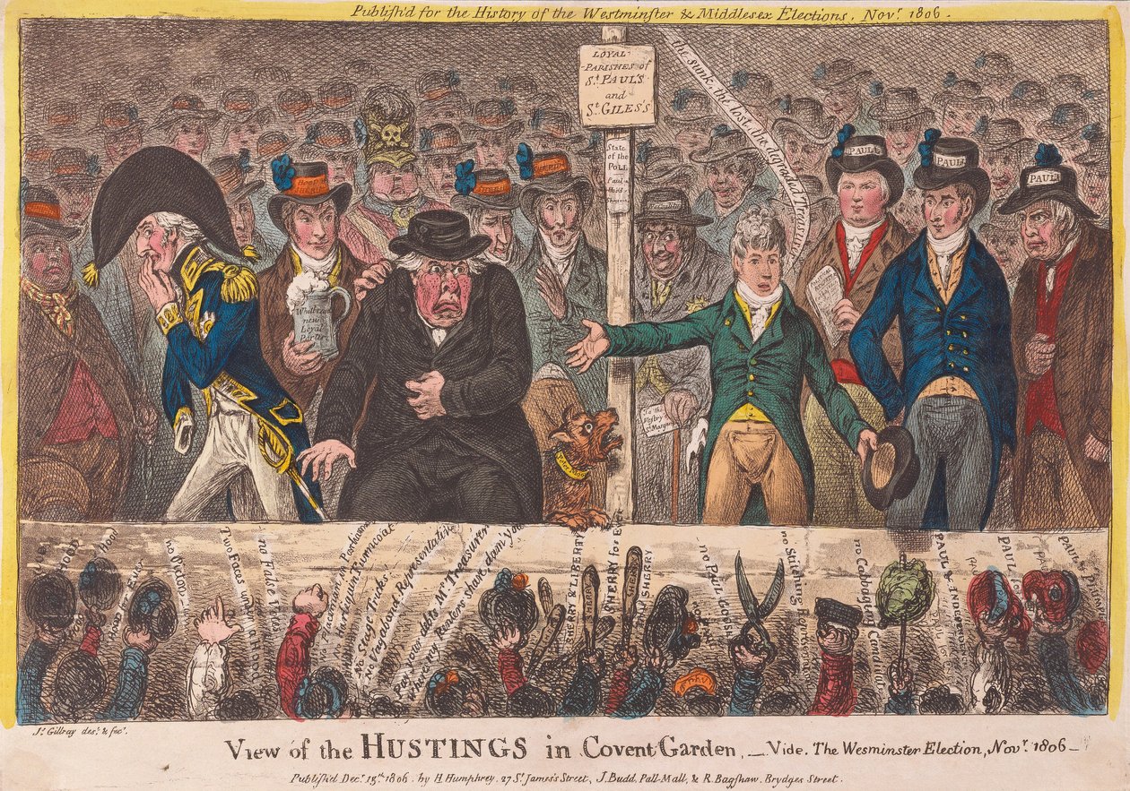 Näkymä Covent Gardenin vaalitilaisuudesta - Westminsterin vaalit marraskuussa 1806, pub. 1806 (käsin väritetty kaiverrus). tekijältä James Gillray
