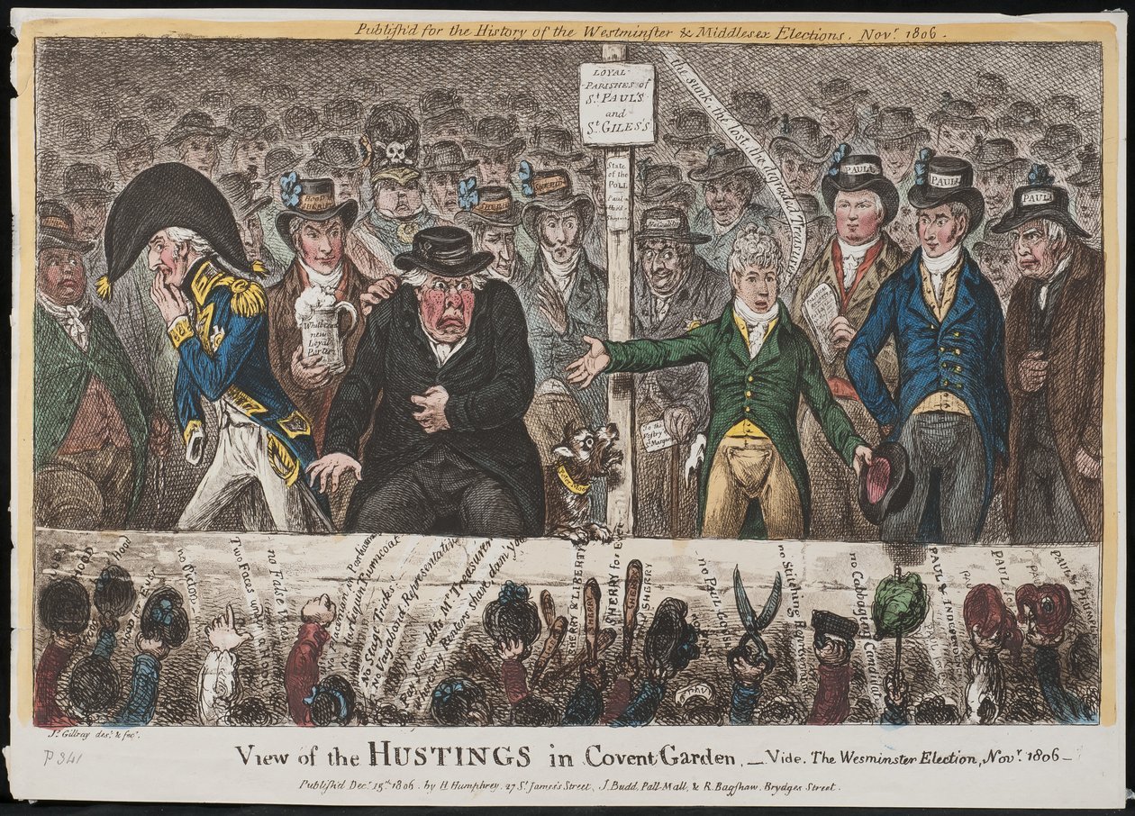 Näkymä Covent Gardenin vaalitilaisuudesta - Vide. Westminsterin vaalit, marraskuu 1806. tekijältä James Gillray