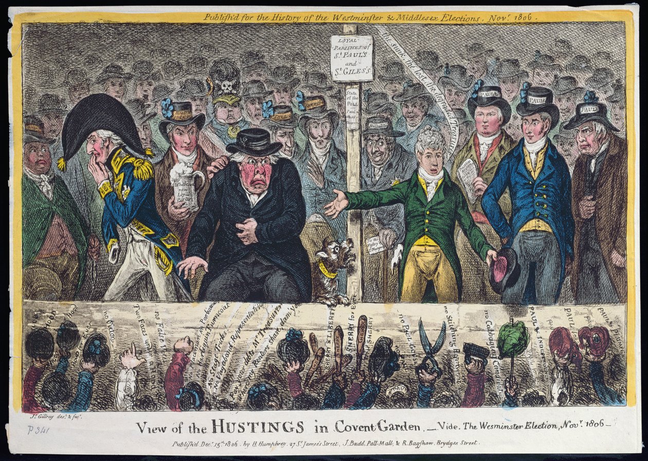 Näkymä Hustingsista Covent Gardenissa, julkaissut Hannah Humphrey vuonna 1806 (käsinvärinen etsaus akvatintalla) tekijältä James Gillray