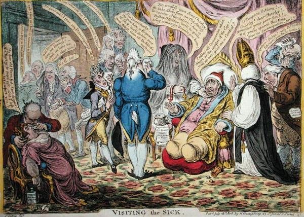 Vierailu sairaiden luona, julkaissut Hannah Humphrey vuonna 1806 (käsinvärinen etsaus) tekijältä James Gillray