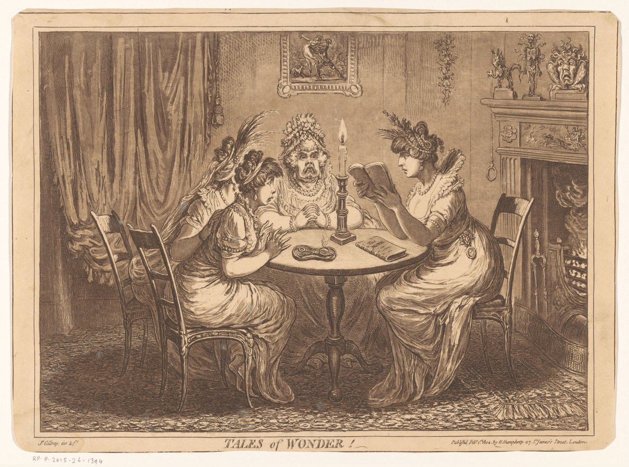 Nainen lukee kauhuromaania Tales of Wonder! (otsikko esineessä) tekijältä James Gillray
