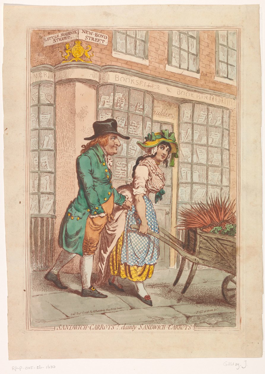 Nainen kottikärryllä, jolla on juuret kirjakauppias Robert Faulderin näyteikkunan edessä Lontoossa Voileipäporkkanat! herkullisia voileipäporkkanoita (otsikko esineessä) tekijältä James Gillray