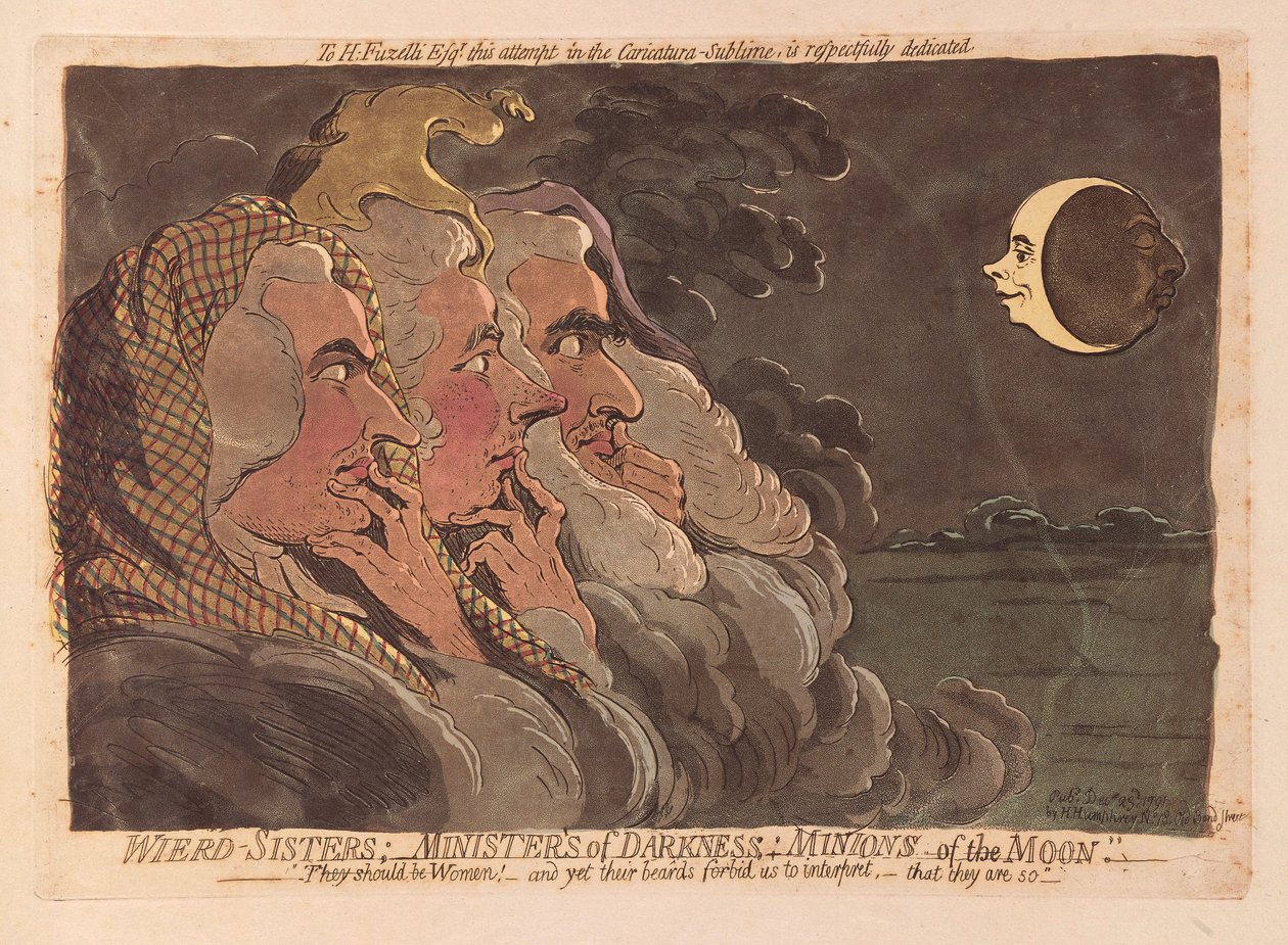 Weird Sisters: Ministers of Darkness: Minions of the Moon, pubi. 1791 (käsinvärinen kaiverrus) tekijältä James Gillray