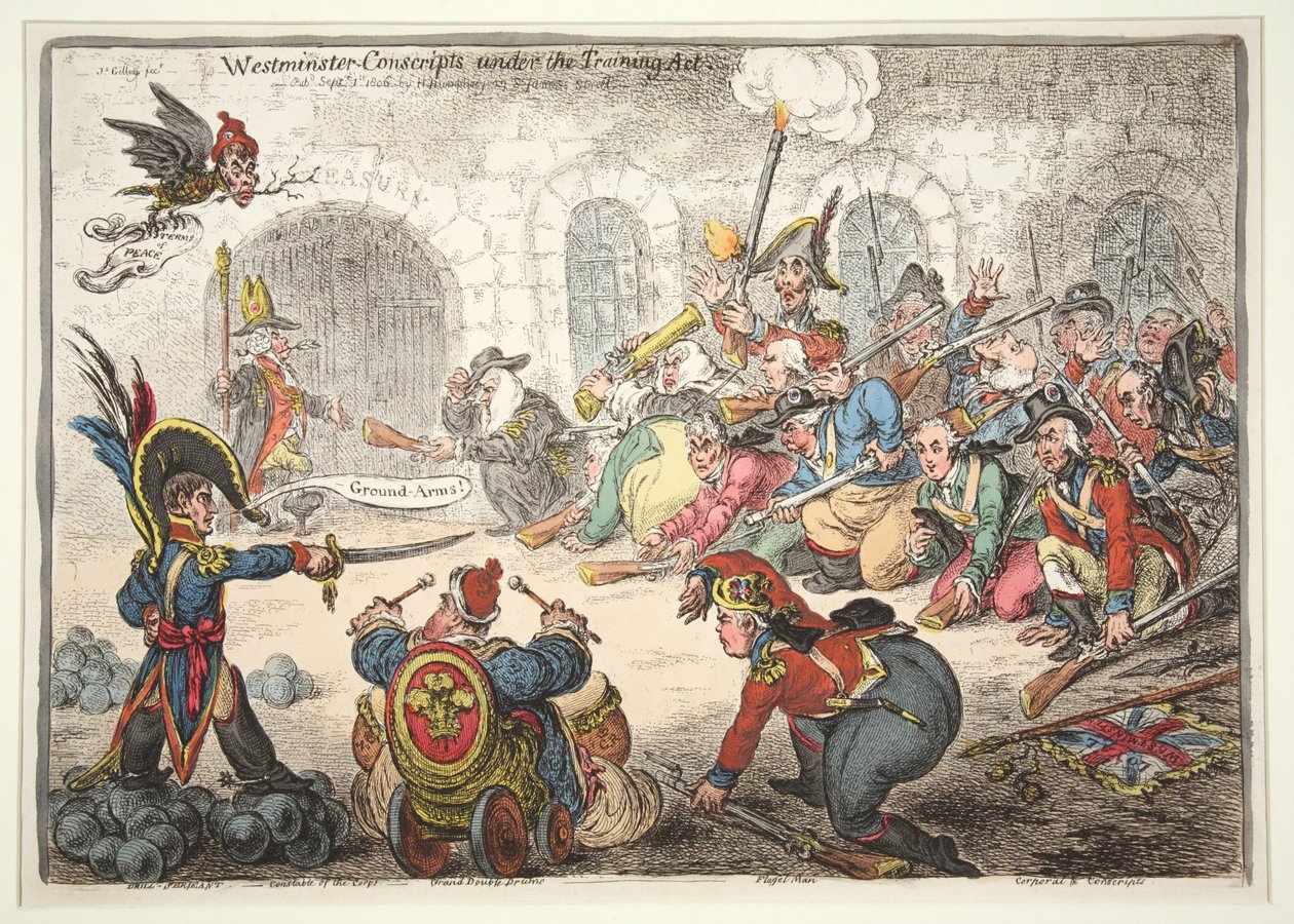 Westminster-varusmiehet koulutuslain mukaan, 1806 (käsinvärinen kaiverrus) tekijältä James Gillray