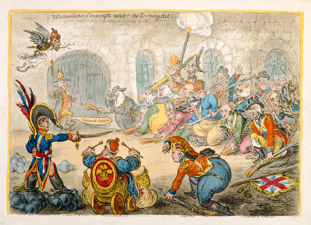 Westminster Conscripts under the Training Act, julkaissut Hannah Humphrey vuonna 1806 (käsinvärinen etsaus) tekijältä James Gillray