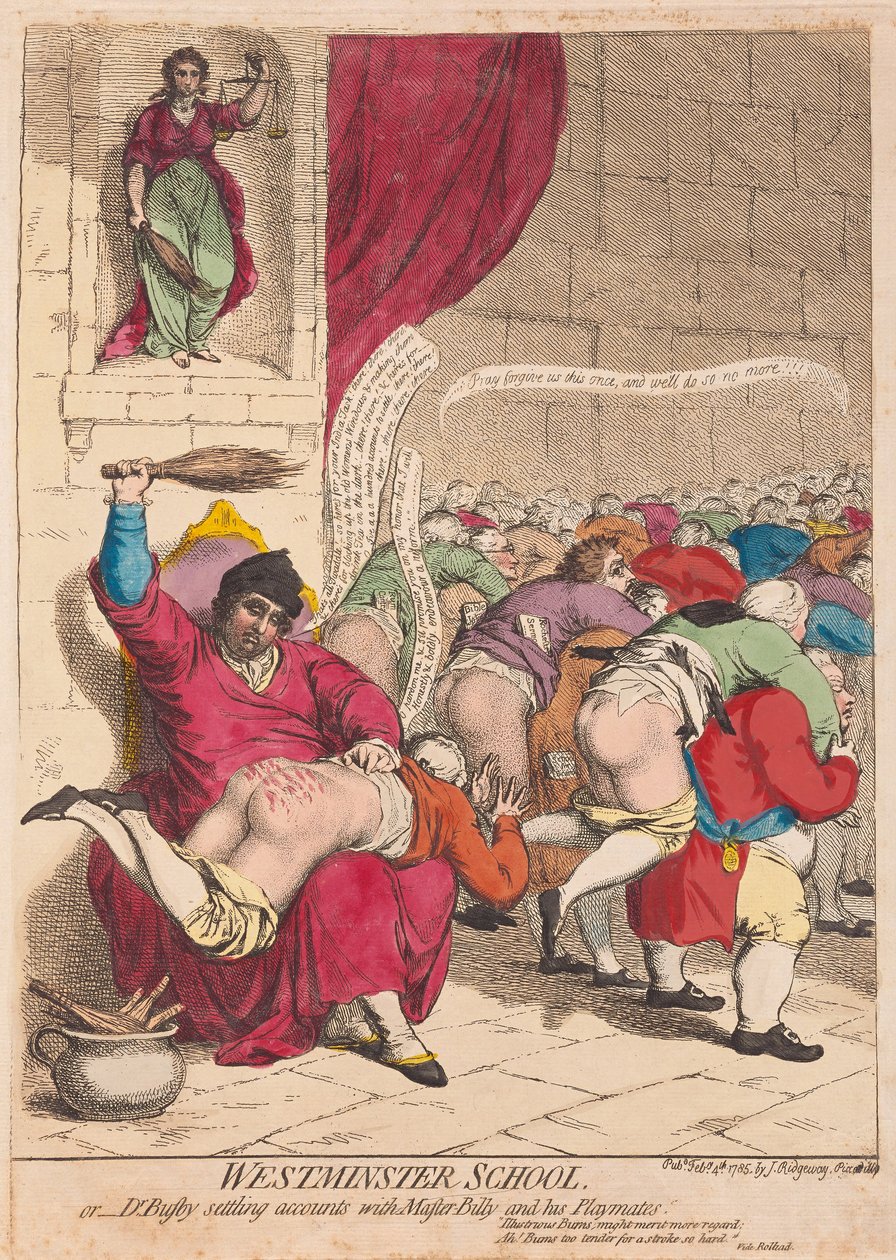Westminster School tai tohtori Busby selvittämässä tiliä mestari Billyn ja hänen leikkikavereidensa kanssa, pubi. 1785 (käsinvärinen kaiverrus) tekijältä James Gillray