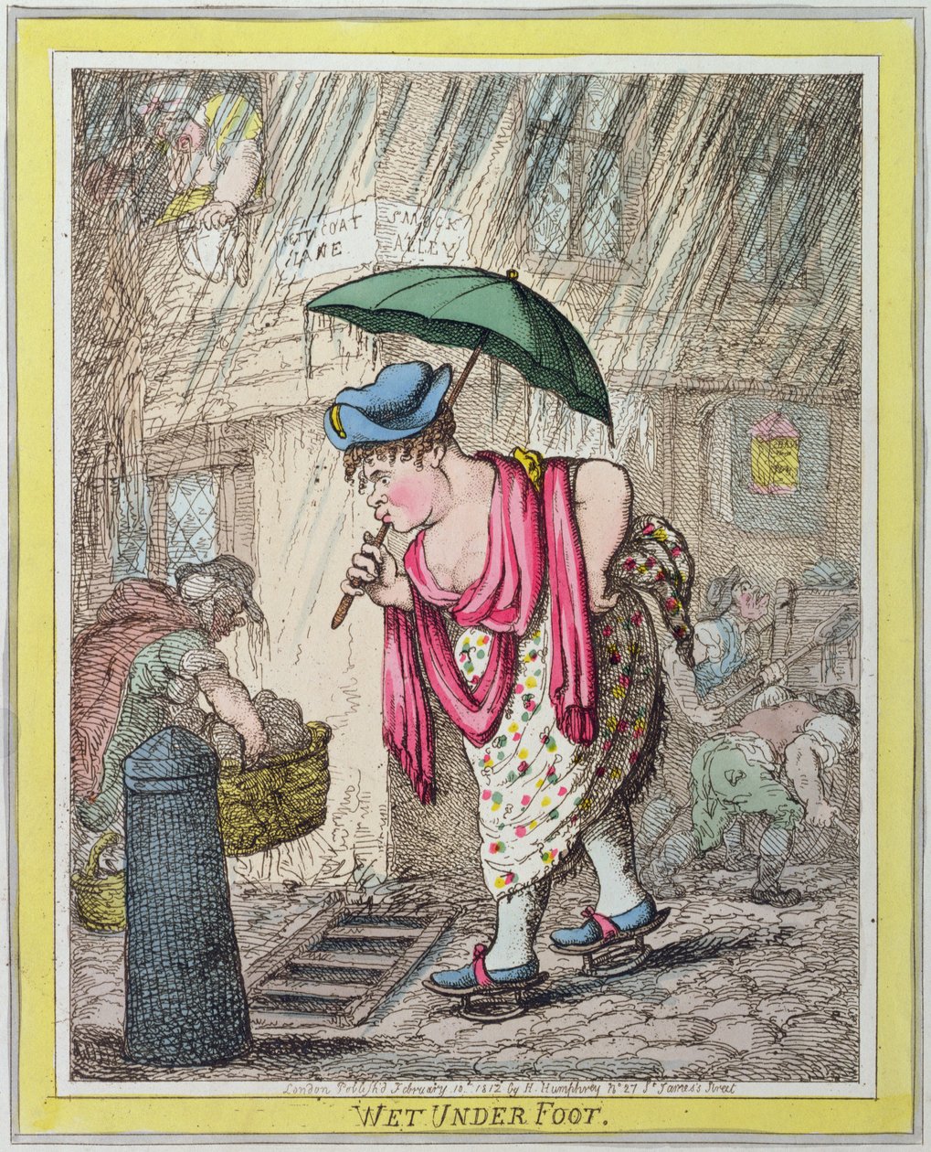 Wet Under Foot, julkaissut Hannah Humphrey vuonna 1812 (käsinvärinen etsaus) tekijältä James Gillray