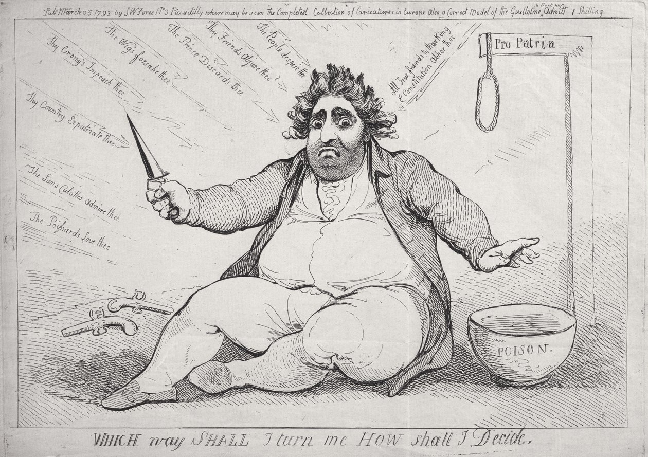 Mihin suuntaan käännyn minut, miten päätän, julkaisija S.W. Fores vuonna 1793 tekijältä James Gillray
