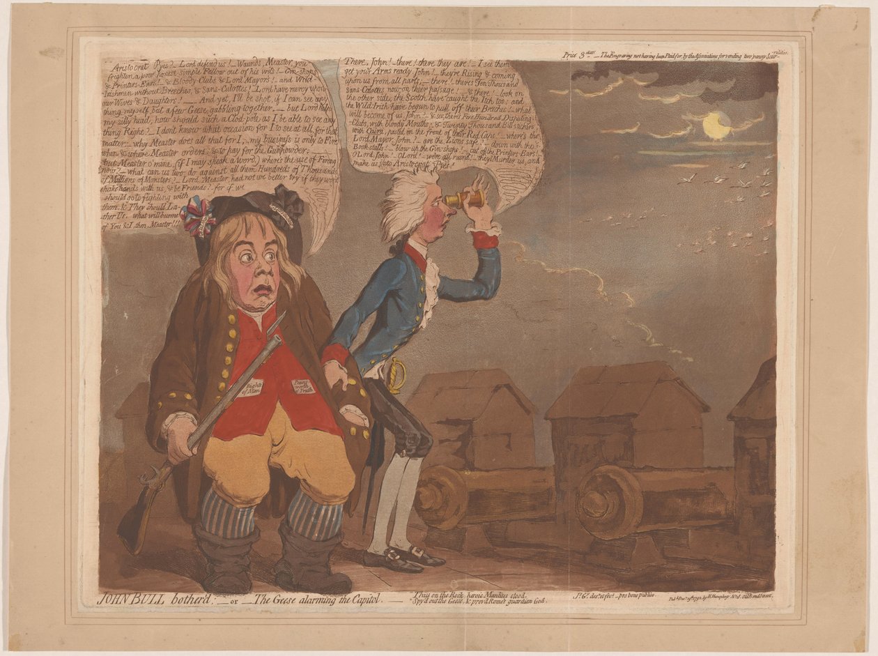 William Pitt ja John Bull pelkäävät hyökkäystä John Bull vaivasi:-tai-hanhet hälyttävät Capitolista (nimi esineessä) tekijältä James Gillray