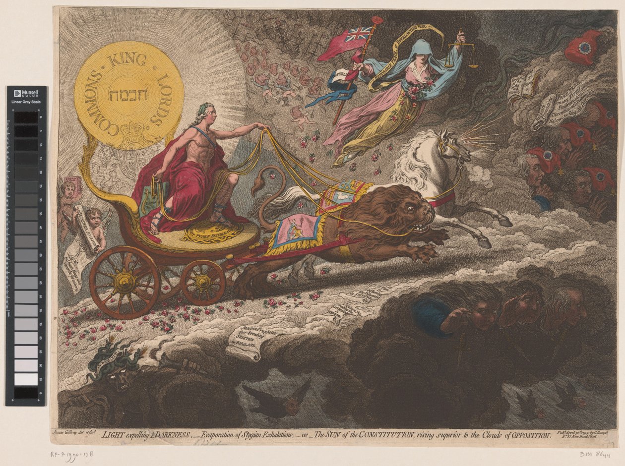 William Pitt Verdrijft de duistere krachten, 1795 Valo, joka karkottaa pimeyden, - Stigian uloshengitysten haihtuminen - tai - Perustuslain aurinko, joka nousee yli vastustuksen pilviä (otsikko esineessä) tekijältä James Gillray