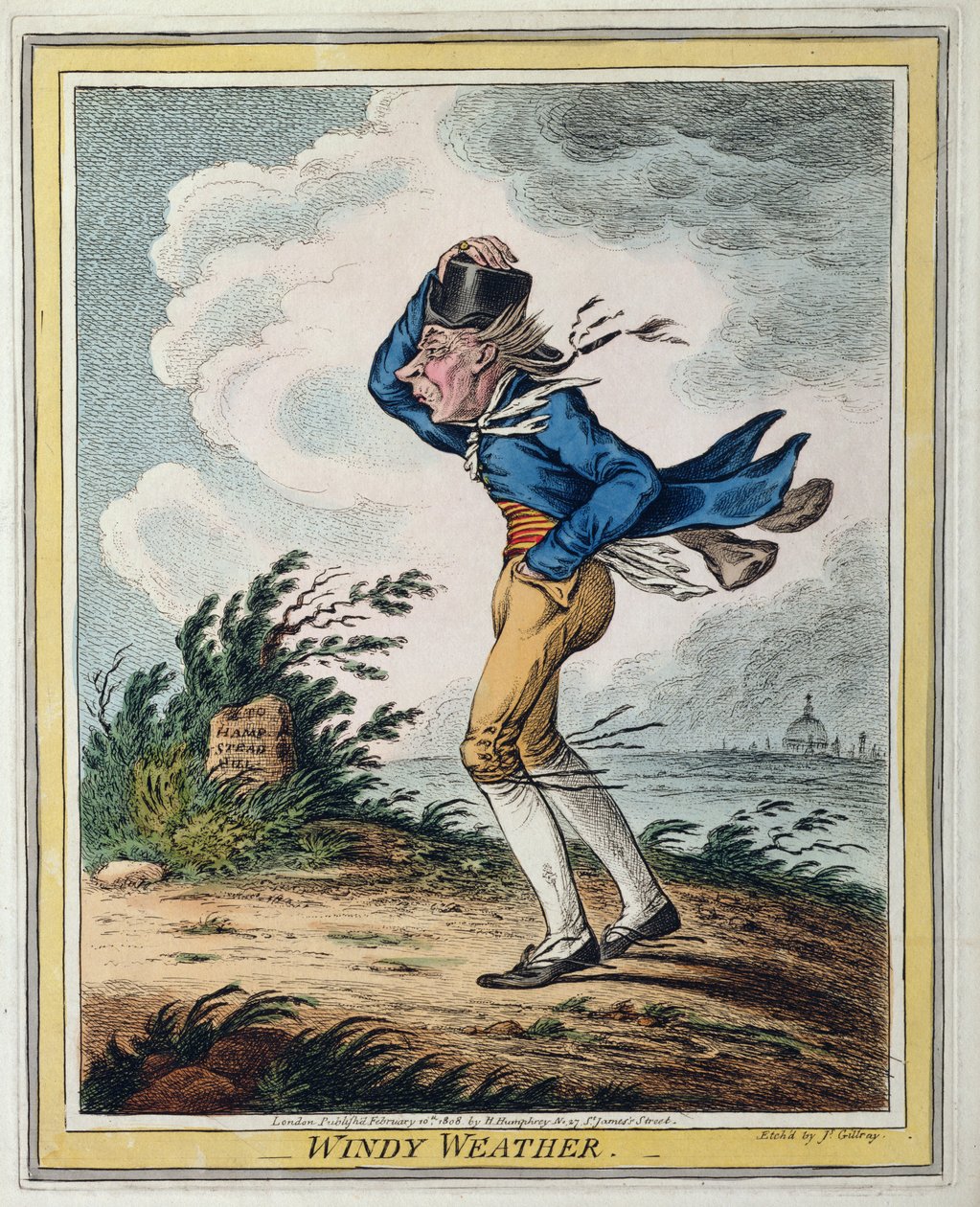 Tuulinen sää, julkaissut Hannah Humphrey vuonna 1808 (käsinvärinen etsaus) tekijältä James Gillray