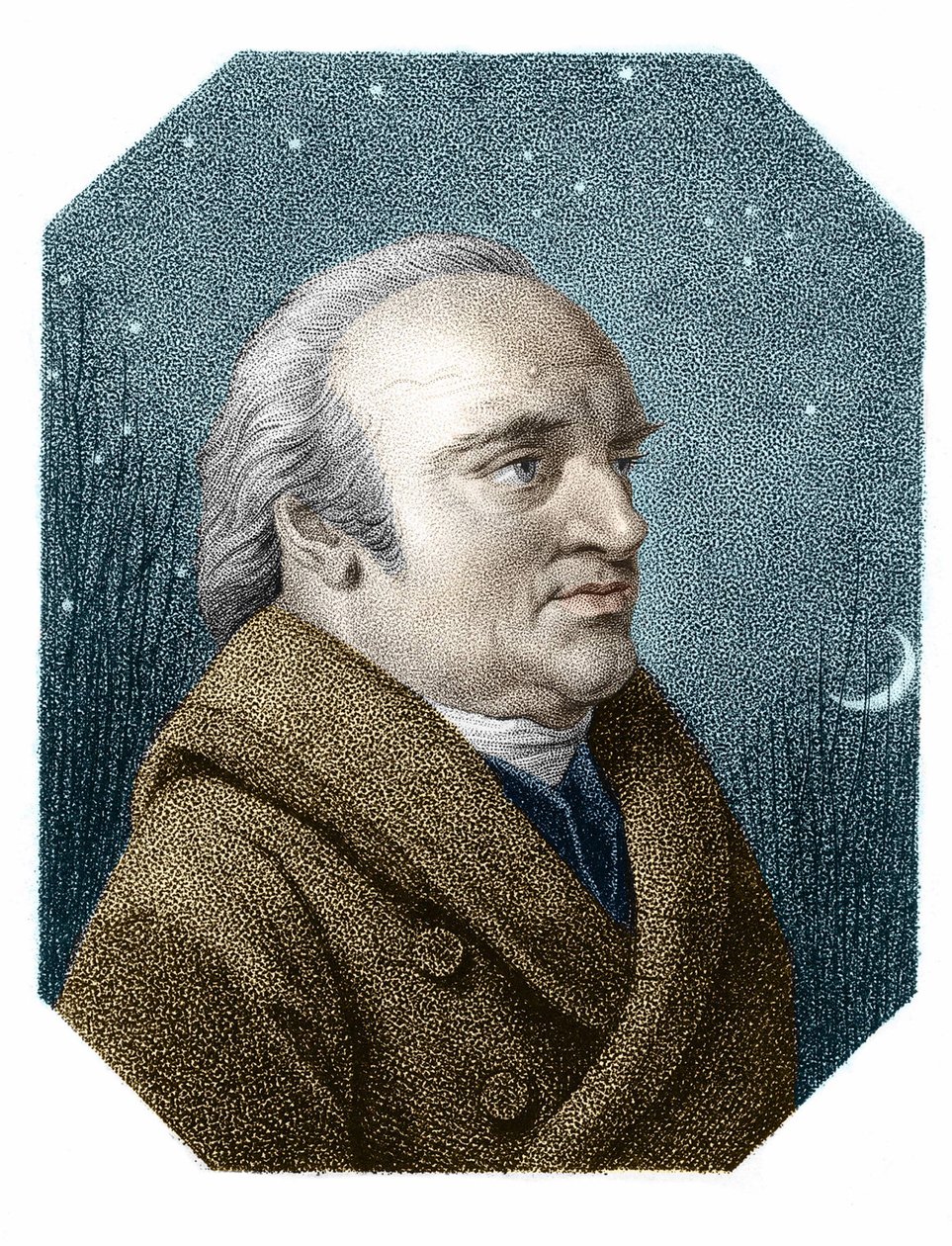 Muotokuva William Herschelistä (1738 - 1822) tähtitaivaalla - James Godbyn kuparikaiverruksesta tekijältä James Godby