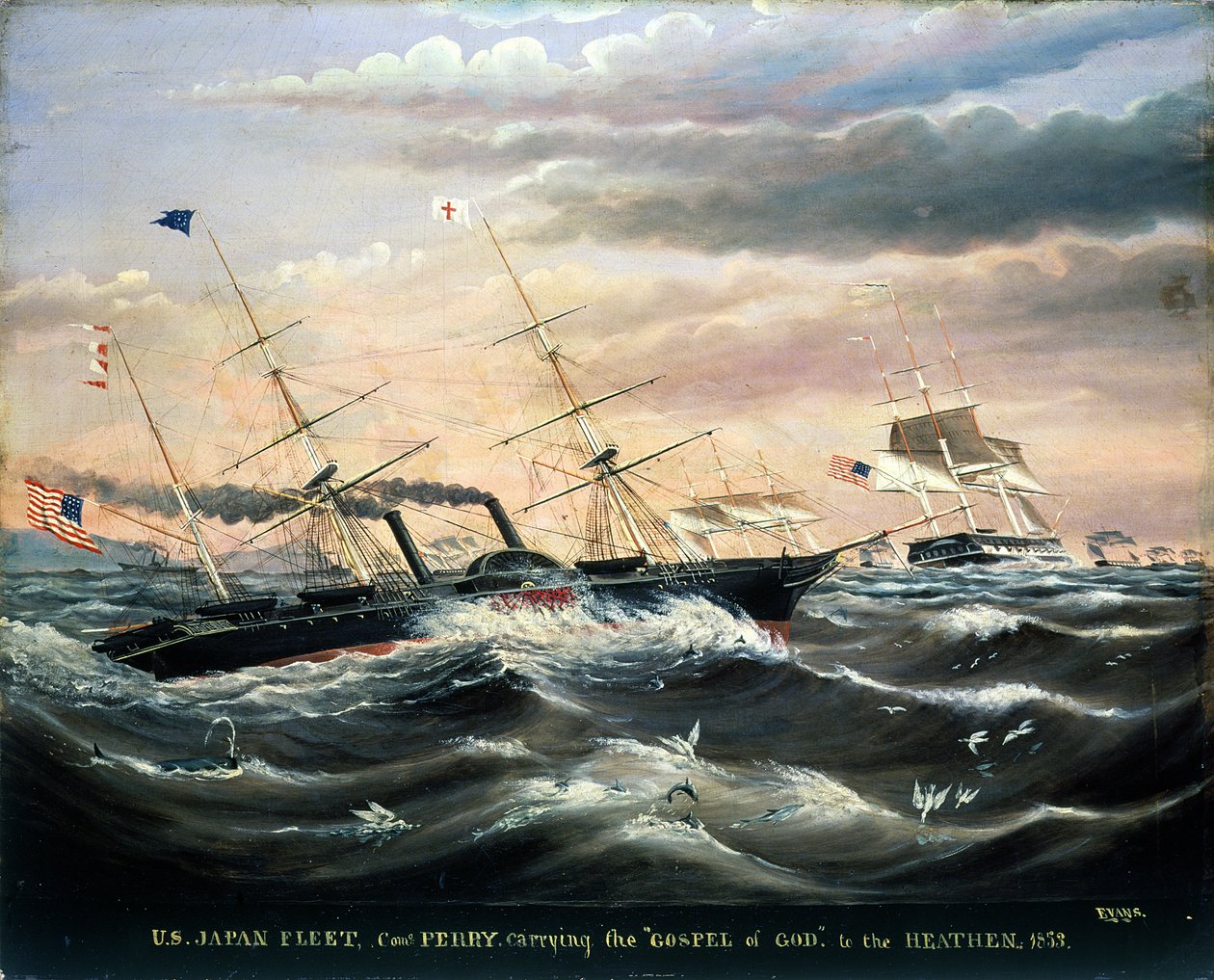 Yhdysvaltain Japanin laivasto, kommodori Perry kantamassa Jumalan evankeliumia pakanoille, 1853 tekijältä James Guy Evans