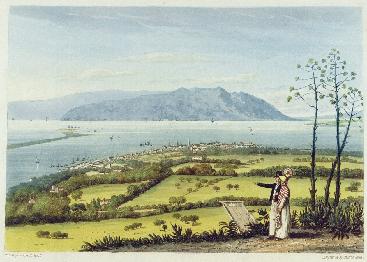 Kingston ja Port Royal Windsor Farmista, kuvasta "Maaluksellinen kiertue Jamaikan saarella", kaivertanut Thomas Sutherland, 1825 tekijältä James Hakewill