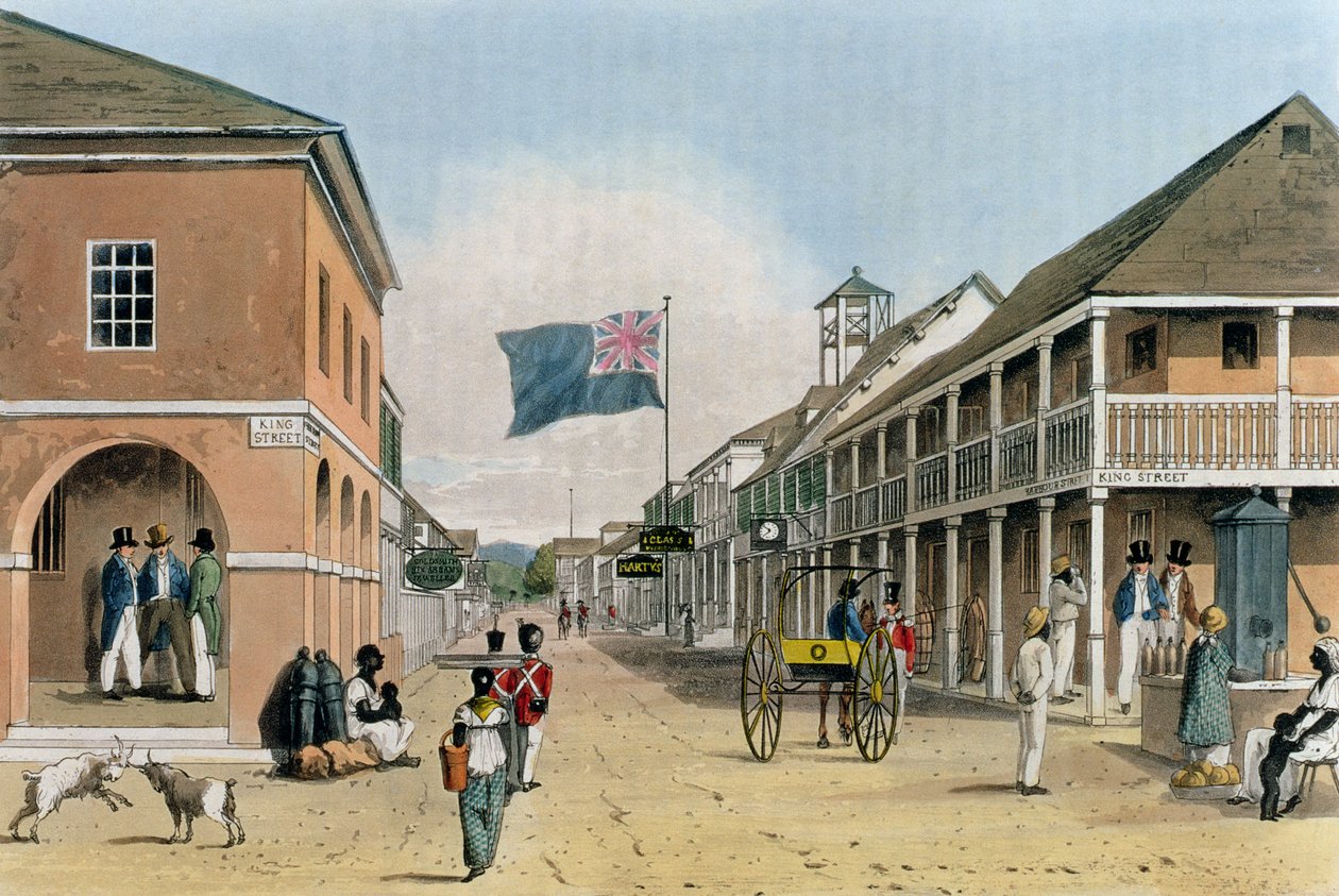 Näkymä Harbour Streetille, Kingston, Jamaika, teoksesta "A Picturesque Tour of the Island of Jamaica", kaiverrettu Thomas Sutherland tekijältä James Hakewill