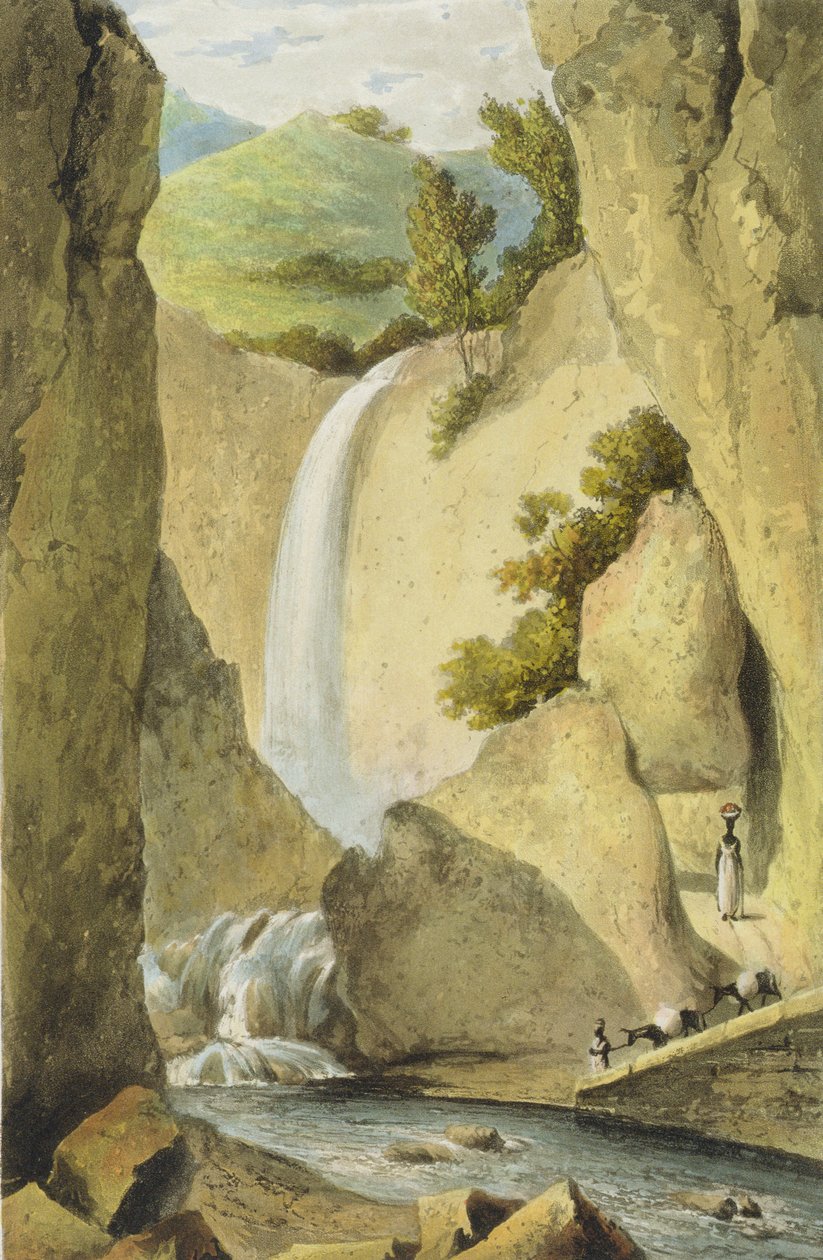Vesiputous Windward Roadilla lähellä Kingstonia, maalauksellisesta kierroksesta Jamaikan saarella, kaivertanut Thomas Sutherland, 1824 tekijältä James Hakewill