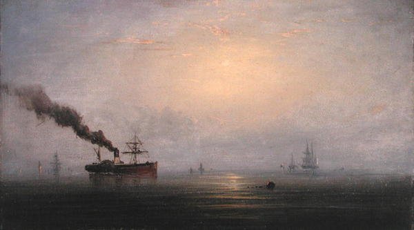 Sumuinen aamu Thamesilla, n. 1874 (öljy puulle) tekijältä James Hamilton