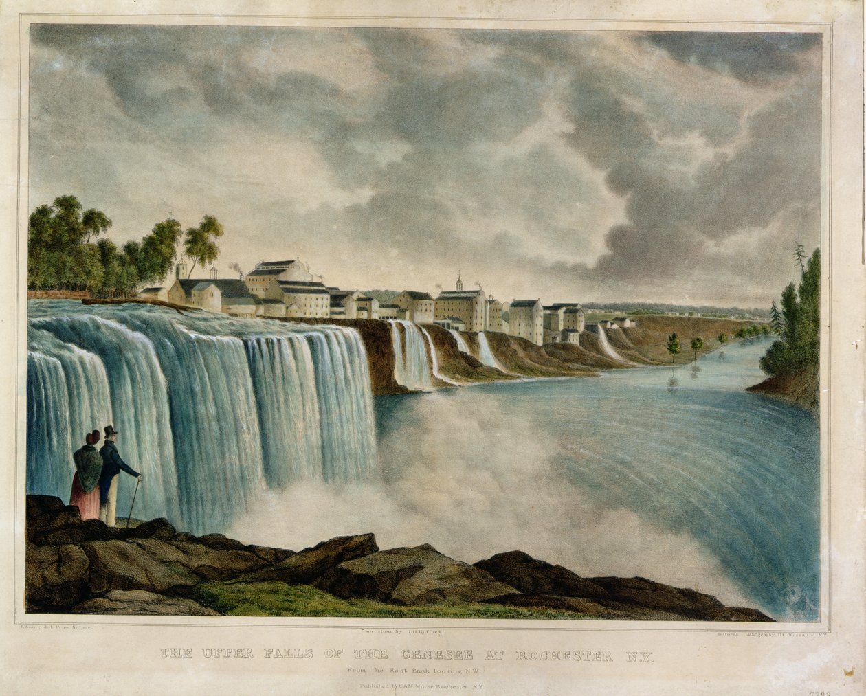 The Upper Falls of the Genesee Rochesterissa, New Yorkissa, kaiverrus J. Bufford (1810-70) (värikaiverrus) tekijältä James Harvey Young
