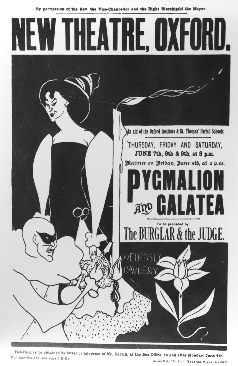 Juliste "Pygmalion ja Galatea" -tuotannosta Oxfordin New Theatressa 7.-9. kesäkuuta 1894 tekijältä James Hearn