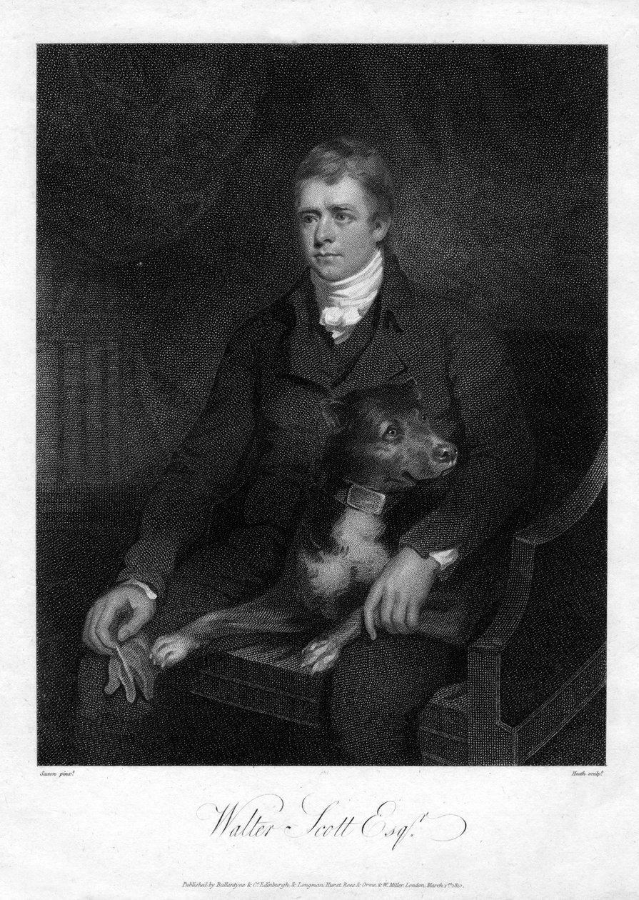 Sir Walter Scott, 1. Baronet, tuottelias skotlantilainen historiallinen kirjailija ja runoilija, 1810 tekijältä James Heath