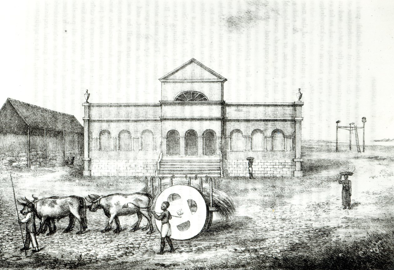 Rion pörssi, julkinen trapiche, ruohovaunu ja gallows, kuvitus James Hendersonin "Brasilian historiasta", julkaistu Lontoossa vuonna 1821 tekijältä James Henderson