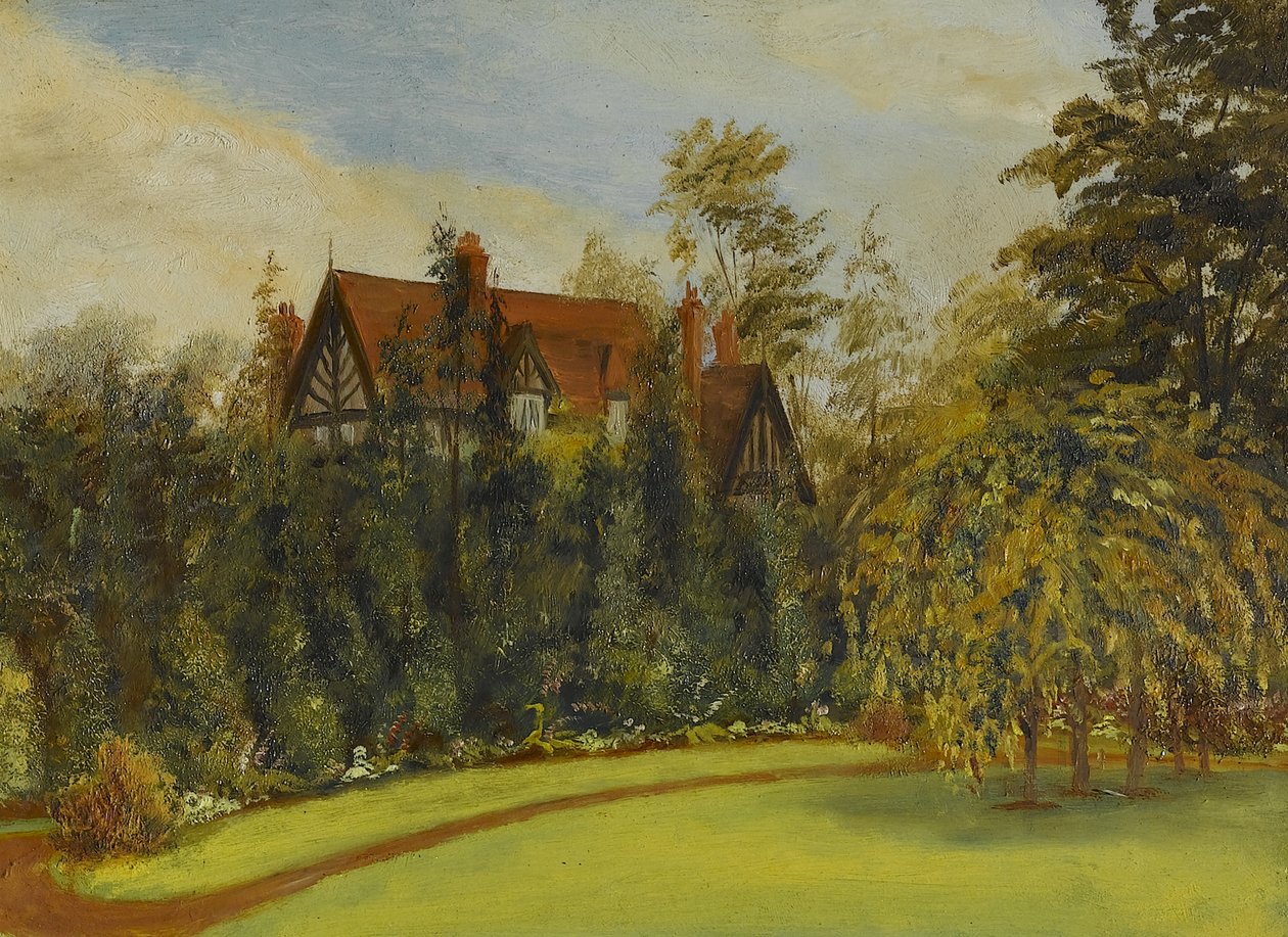 Laajavesi puutarhasta, 1900-luvun alku (öljy kartongille) tekijältä James Henry Bambrick