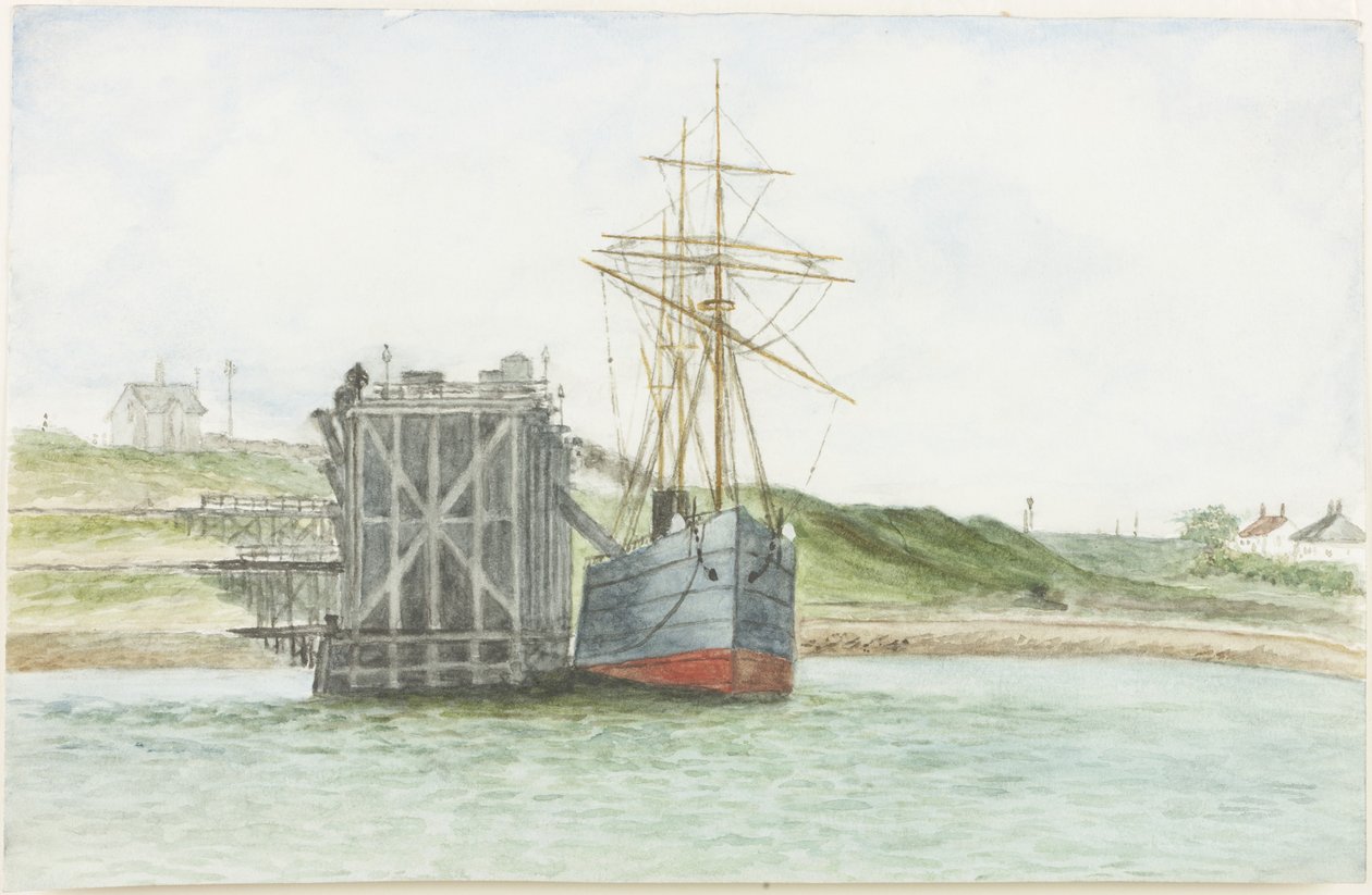 Albert Edwardin satama. S.S. Willkarnman (vesiväri, vartaloväri ja kynä paperille) tekijältä James Henry Cleet