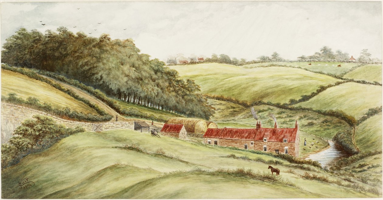 Hedworth Farm (akvarelli, vartaloväri ja kynä paperille) tekijältä James Henry Cleet