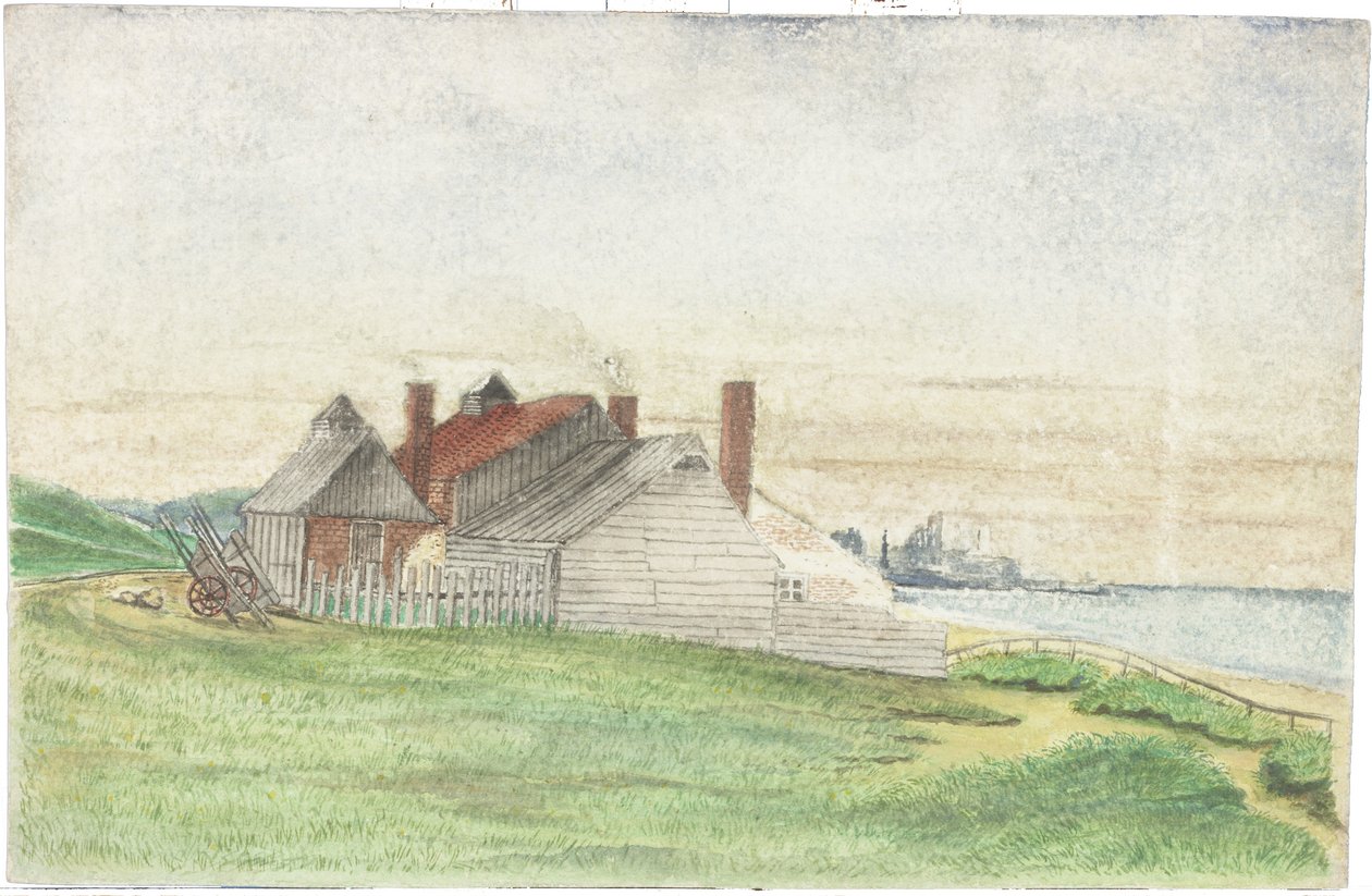 Herons Cottage (akvarelli ja vartaloväri kortilla) tekijältä James Henry Cleet