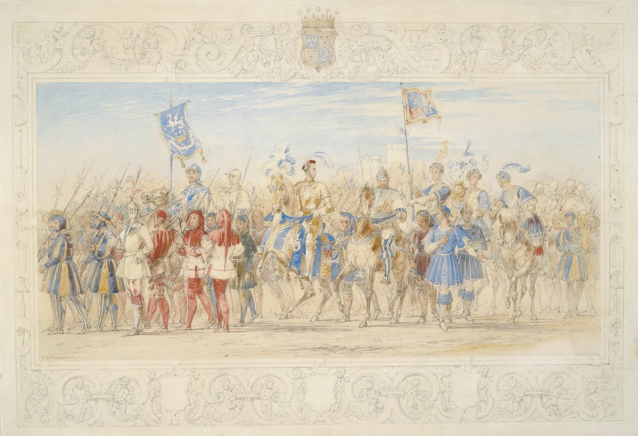 Archibald William Montgomerie, Earl of Eglinton, Lord of the Tournament (lyijykynä, wc ja bodycolour paperille). tekijältä James Henry Nixon
